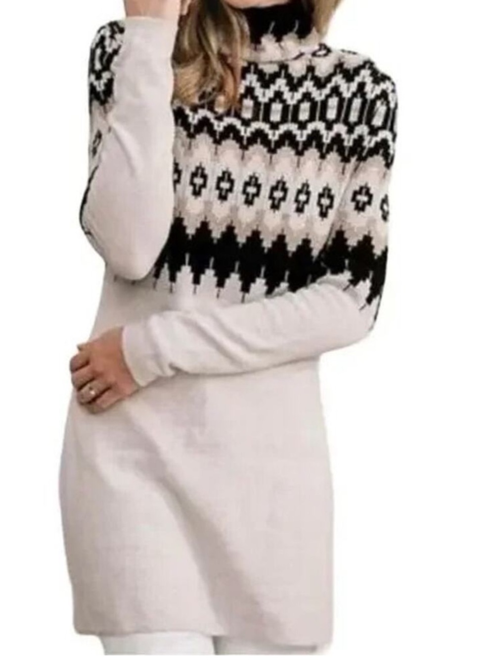 Icelandic Design Fair Isle Sweater Dress M 100% Merino Wool Long Sleeve Beige